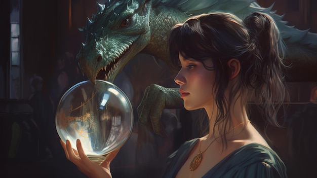 A dragon is in front of a woman holding a glass bowl.