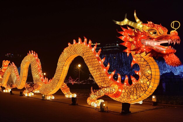 Photo dragon is lit up at night during chinese new year dragons are the most favourite symbols of chinese