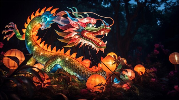 A dragon is lit up at night with the lights on the right.