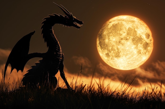 Foto un drago è seduto su una collina erbosa accanto a una luna piena