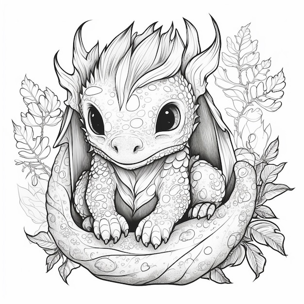 A dragon is sitting on a nest with leaves and flowers.