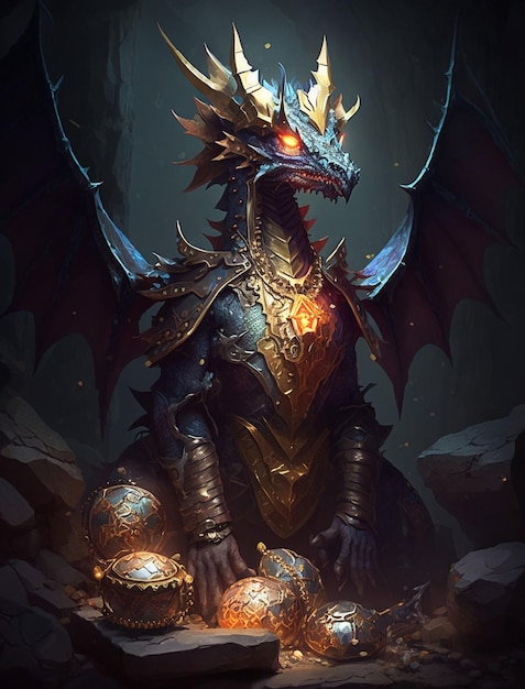 Foto dragon king nell'illustrazione della grotta piena di tesori generativo ai