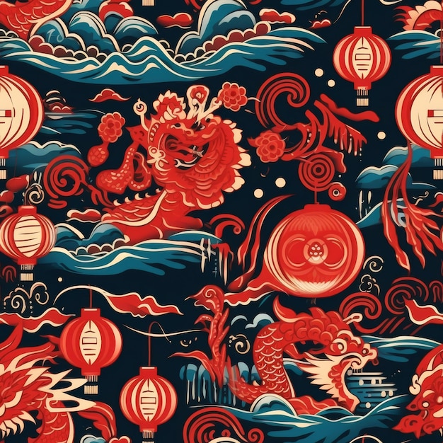 Dragon and Lanterns on Red and Blue Background