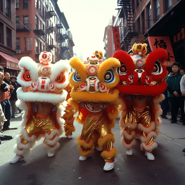 Photo dragon or lion dance show barongsai in celebration chinese lunar new year festival asian traditional