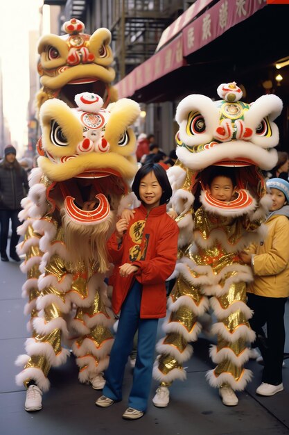 Foto spettacolo di danza del drago o del leone barongsai in celebrazione del festival cinese del nuovo anno lunare tradizionale asiatico