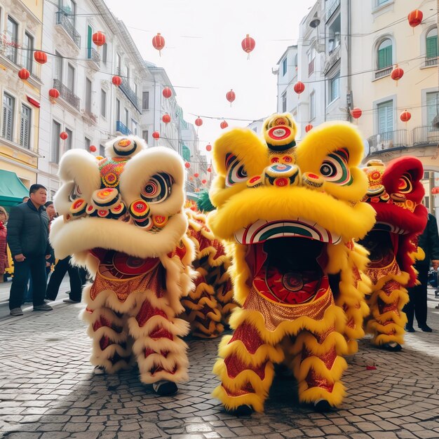 Photo dragon or lion dance show barongsai in celebration chinese lunar new year festival asian traditional