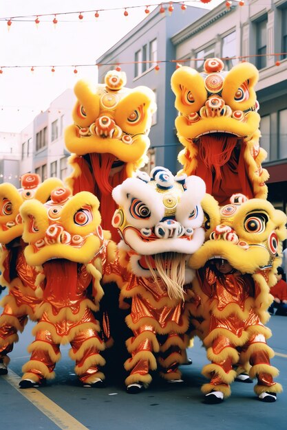 Photo dragon or lion dance show barongsai in celebration chinese lunar new year festival asian traditional