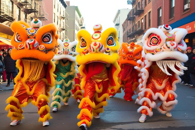 Dragon or lion dance show barongsai in celebration chinese lunar new year festival asian traditional