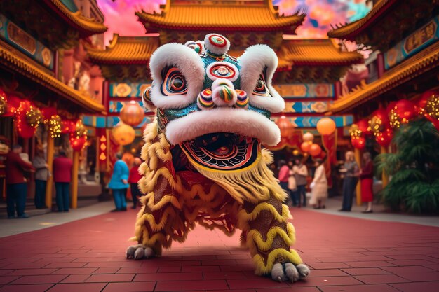 Photo dragon or lion dance show barongsai in celebration chinese lunar new year festival asian traditional