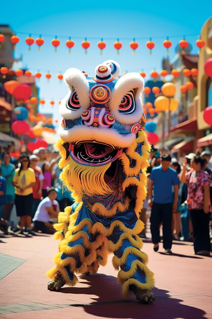 Dragon or lion dance show barongsai in celebration chinese lunar new year festival asian traditional