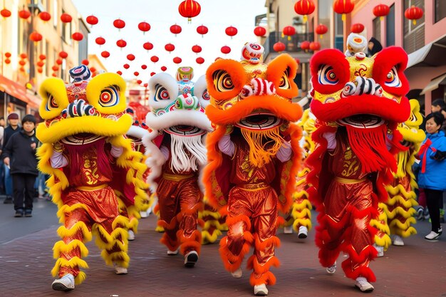 Dragon or lion dance show barongsai in celebration chinese lunar new year festival asian traditional