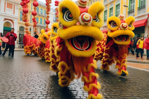 ドラゴンやライオンのダンスショー バロンサイの祝祭 中国の新月の新年祭 アジアの伝統