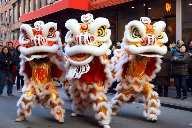 Dragon or lion dance show barongsai in celebration chinese lunar new year festival asian traditional