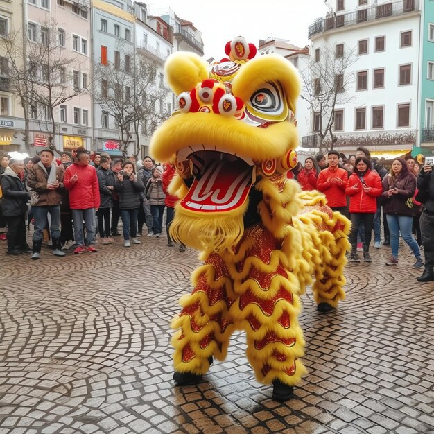 Foto spettacolo di danza del drago o del leone barongsai in celebrazione del nuovo anno lunare cinese festival tradizionale asiatico