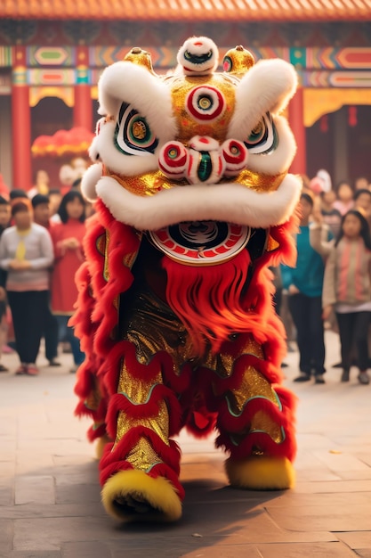 Танцевальное шоу дракона или льва баронгсай в праздновании китайского лунного Нового года традиционный азиатский фестиваль
