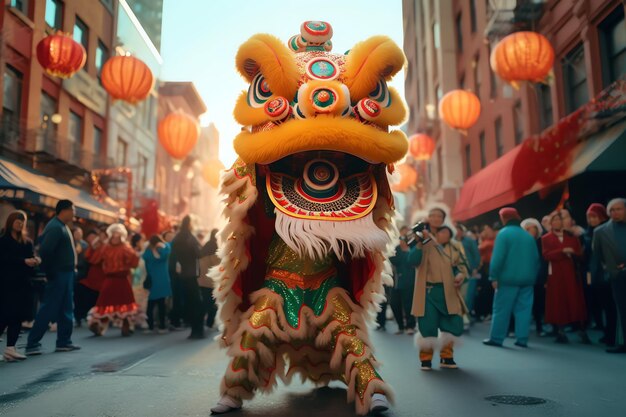 Foto spettacolo di danza del drago o del leone barongsai in celebrazione del nuovo anno lunare cinese festival tradizionale asiatico