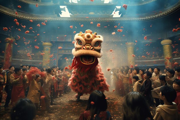 Dragon or lion dance show barongsai in celebration chinese lunar new year festival asian traditional