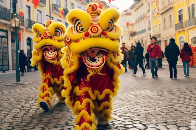 Dragon or lion dance show barongsai in celebration chinese lunar new year festival asian traditional