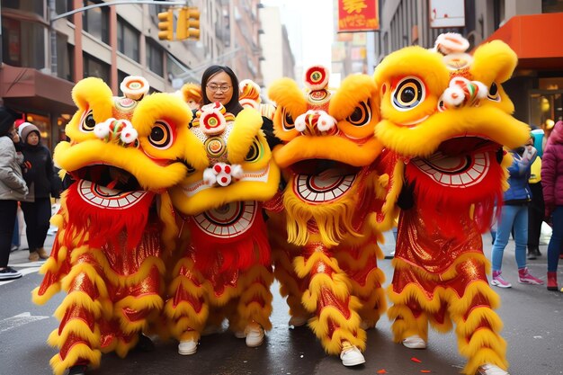 Dragon or lion dance show barongsai in celebration chinese lunar new year festival asian traditional