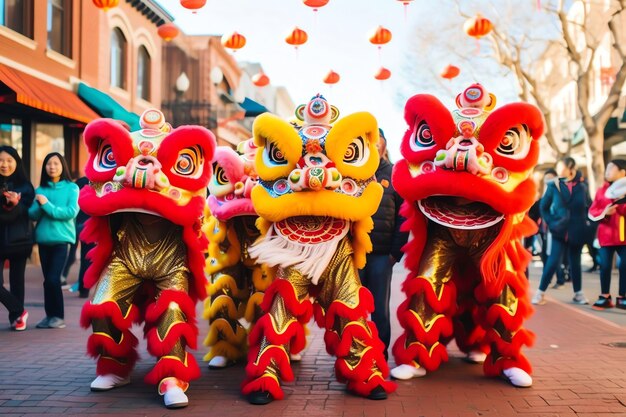 Dragon or lion dance show barongsai in celebration chinese lunar new year festival asian traditional