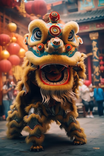 Dragon or lion dance show barongsai in celebration chinese lunar new year festival Asian traditional