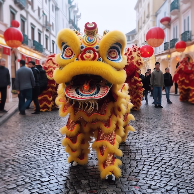 アジアの伝統的な中国の旧正月を祝うドラゴンまたはライオンダンスショーバロンサイ