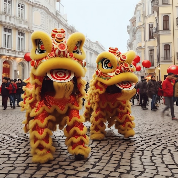 アジアの伝統的な中国の旧正月を祝うドラゴンまたはライオンダンスショーバロンサイ