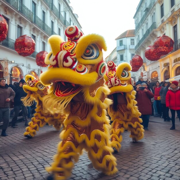 Foto spettacolo di danza del drago o del leone barongsai nella celebrazione del festival del capodanno lunare cinese tradizionale asiatico