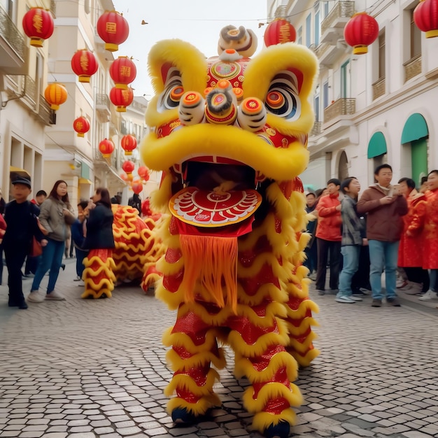 アジアの伝統的な中国の旧正月を祝うドラゴンまたはライオンダンスショーバロンサイ