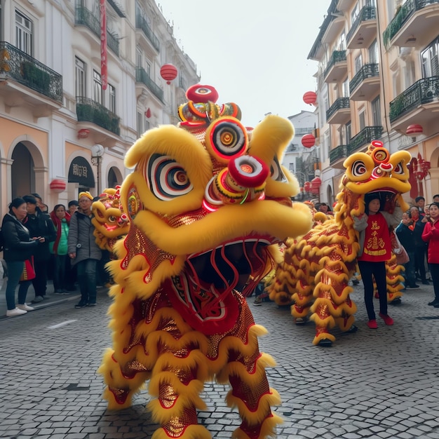 Dragon or lion dance show barongsai in celebration chinese lunar new year festival asian traditional