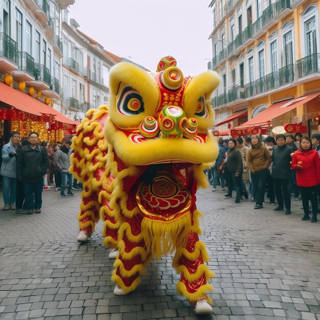 アジアの伝統的な中国の旧正月を祝うドラゴンまたはライオンダンスショーバロンサイ