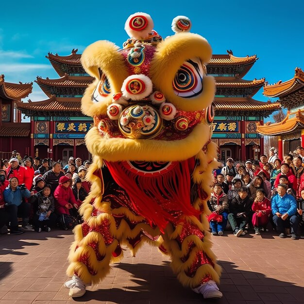 Танцевальное шоу дракона или льва баронгсай на праздновании китайского лунного Нового года, традиционного азиатского фестиваля