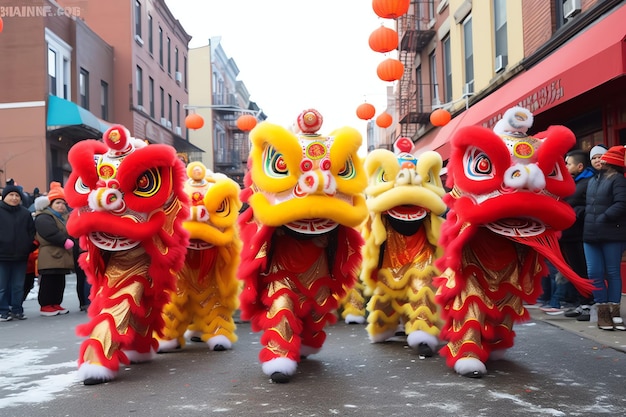 アジアの伝統的な中国の旧正月を祝うドラゴンまたはライオンダンスショーバロンサイ