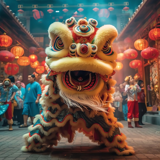 アジアの伝統的な中国の旧正月を祝うドラゴンまたはライオンダンスショーバロンサイ