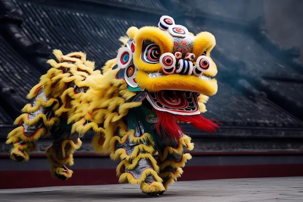 Foto spettacolo di danza del drago o del leone barongsai nella celebrazione del festival del capodanno lunare cinese tradizionale asiatico