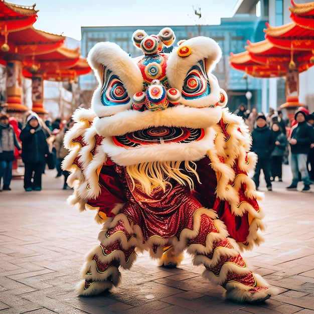 Dragon or lion dance show barongsai in celebration chinese lunar new year festival Asian traditional