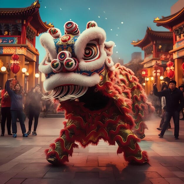 Photo dragon or lion dance show barongsai in celebration chinese lunar new year festival asian traditional