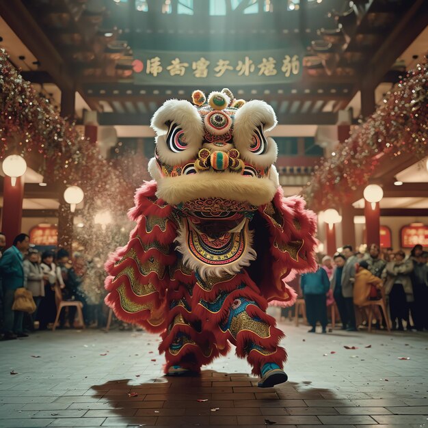 Photo dragon or lion dance show barongsai in celebration chinese lunar new year festival asian traditional