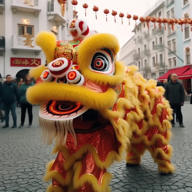 アジアの伝統的な中国の旧正月を祝うドラゴンまたはライオンダンスショーバロンサイ