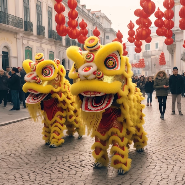 アジアの伝統的な中国の旧正月を祝うドラゴンまたはライオンダンスショーバロンサイ