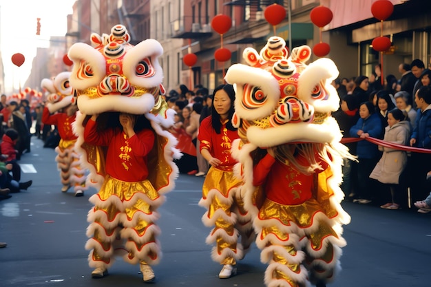 Dragon or lion dance show barongsai in celebration chinese lunar new year festival Asian traditional