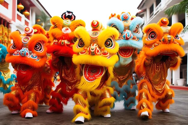 Dragon or lion dance show barongsai in celebration chinese lunar new year festival Asian traditional