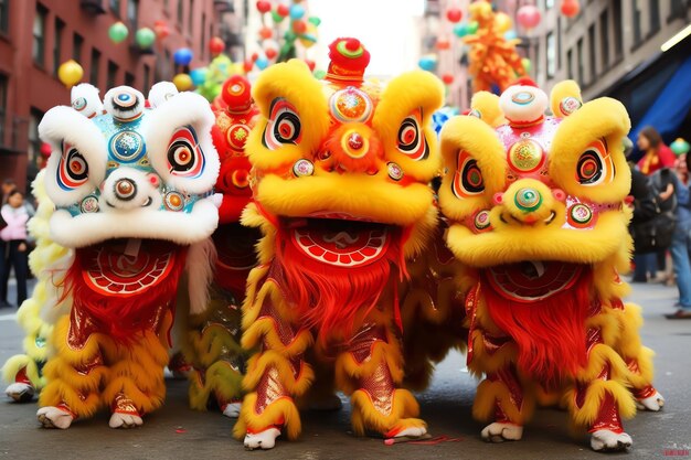 Dragon or lion dance show barongsai in celebration chinese lunar new year festival Asian traditional