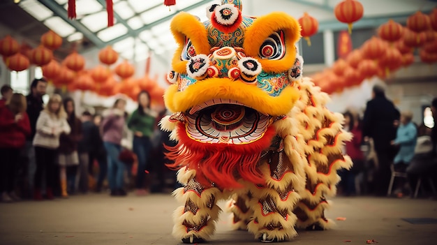 Dragon or lion dance show barongsai in celebration chinese lunar new year festival Generative AI