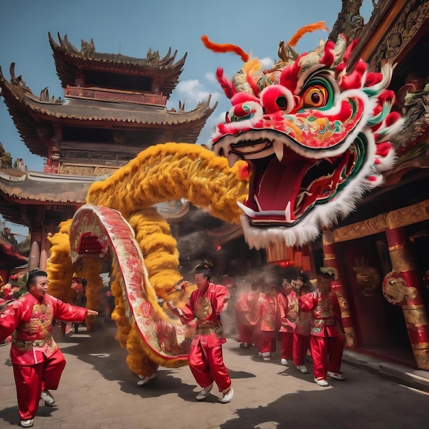 Dragon and lion dance show barongsai in chinese new year festival at sampookong temple indonesia