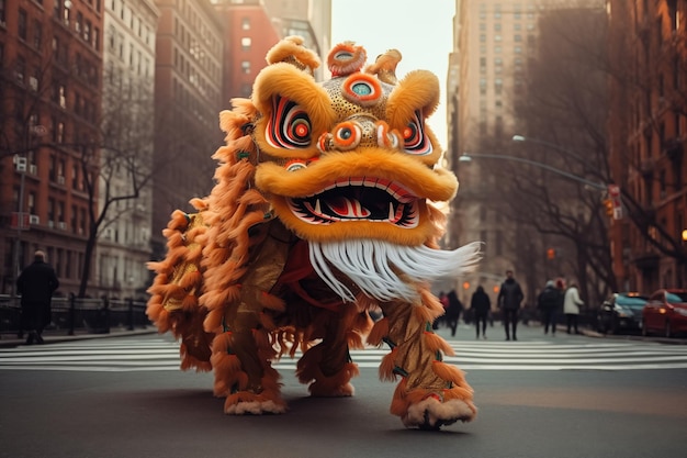 Photo dragon and lion dance show in chinese new year festival tet festival
