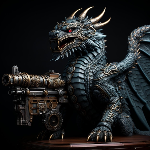 Foto dragon macchine gun su sfondo nero