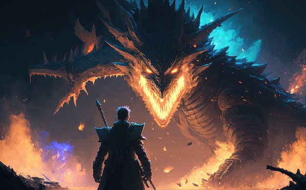 A dragon and a man with a fire on their face