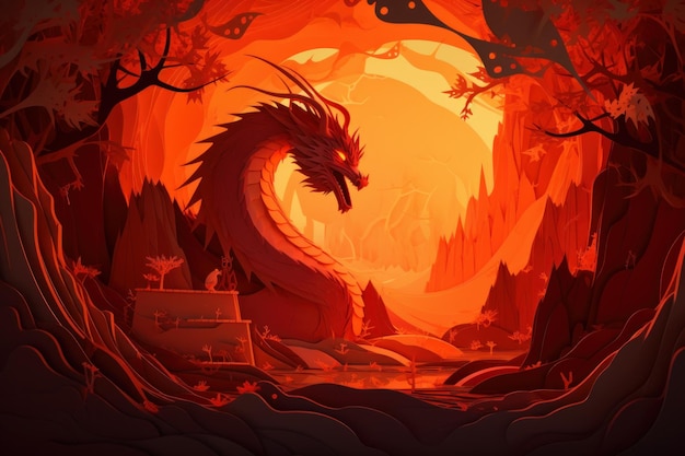 A dragon in a mountain landscape with a house in the background.