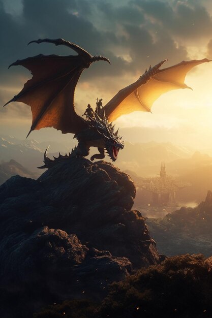 A dragon on a mountain with a man on it